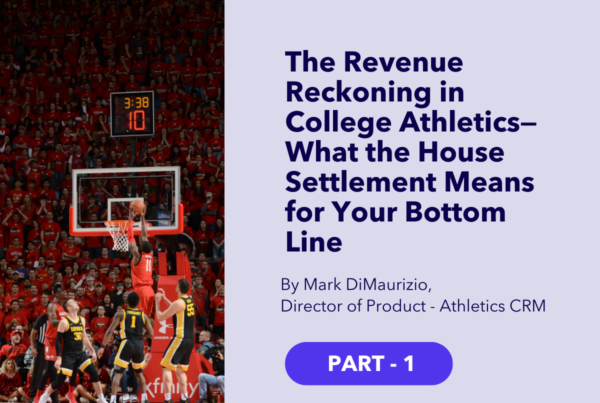 Basketball player jumps for a dunk in front of a packed arena; blog title overlay references House v. NCAA and athletic department revenue challenges.