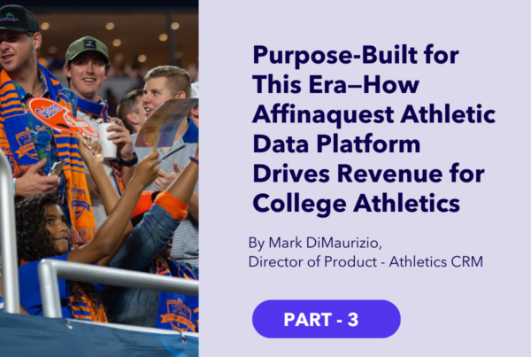 Boise State fans celebrate with branded foam fingers; blog title overlay describes how Affinaquest’s Athletic Data Platform drives athletic department revenue.